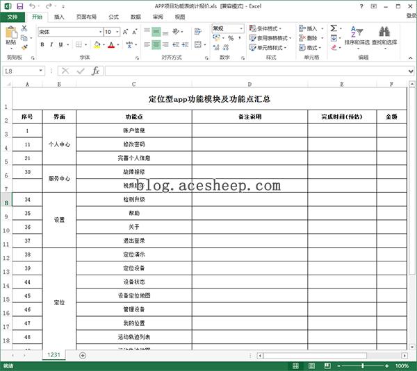 APP 项目功能表统计报价