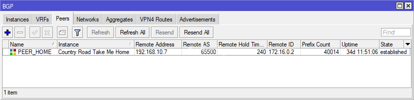 BGP Peers 选项卡