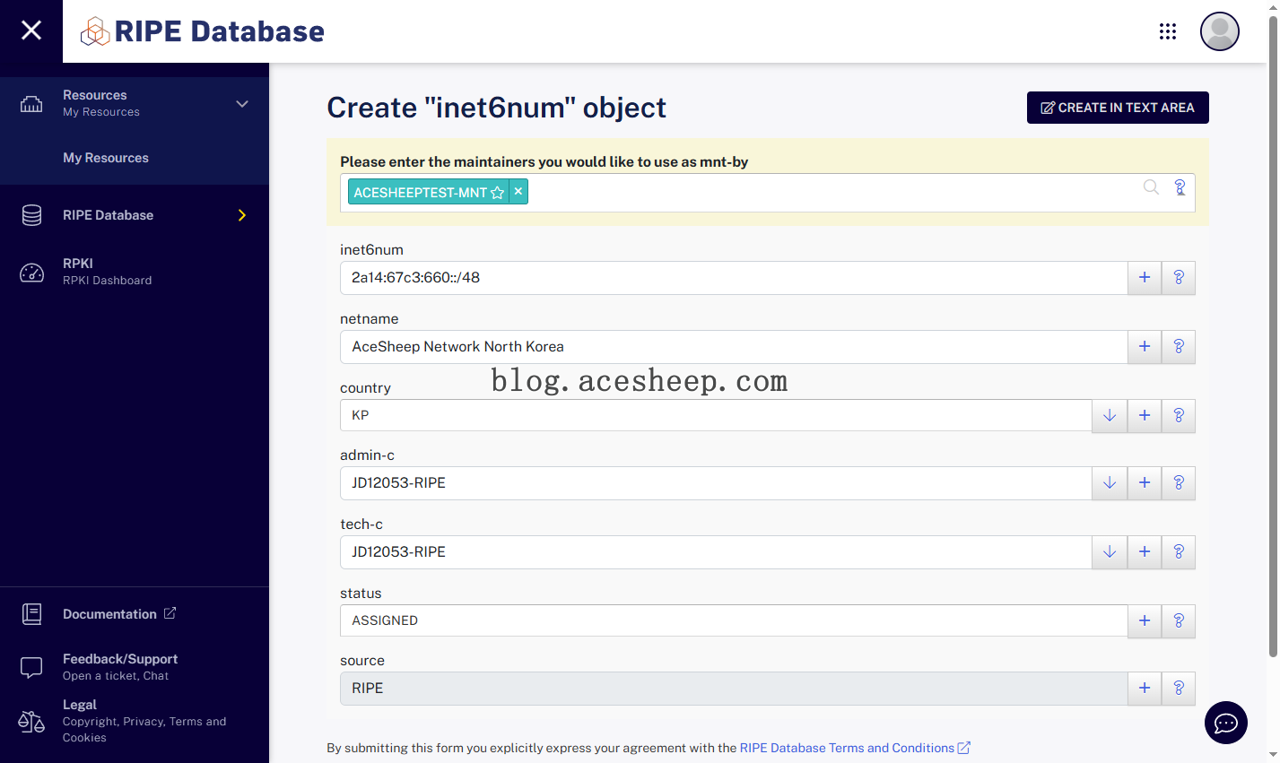 创建新的 inet6num