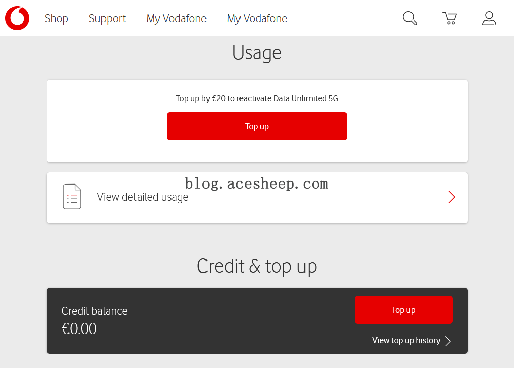 Vodafone IE PayGo 账户面板