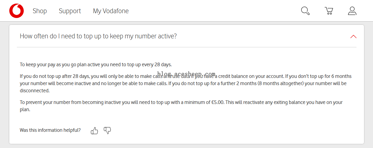 Vodafone IE PayGo 保号规则